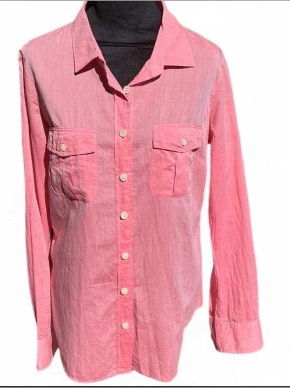 Coastal Preppy Coral Colored Cotton Button-Up Long Sleeve Shirt